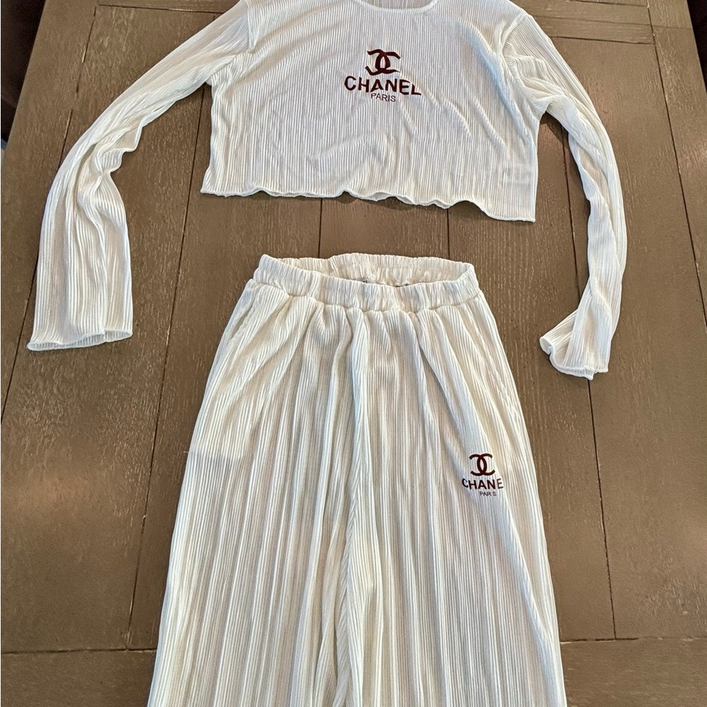 CHANEL White and Red Logo Two-Piece Set